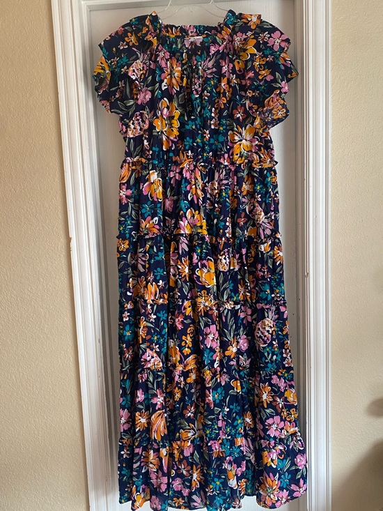 crown & ivy Dresses & Skirts - Crown & Ivy Navy Floral Tiered Maxi Dress with Orange & Pink Blooms 100% Cotton